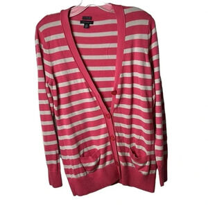 TH  pima cotton cardigan,L, button front,striped pink ,long,pockets,cottagecore